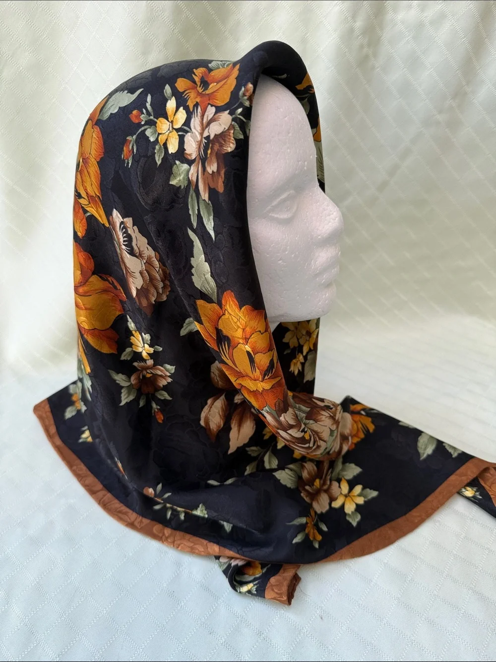 Vintage Floral Black and Orange Silk Scarf